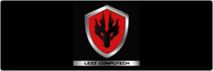A red and silver shield with a black dragon head silhouette in the center. Below the shield is a metallic bar with the text “LEZZ COMPUTECH” written on it. The background is black.