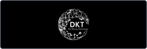 A black background features a circular network of interconnected white nodes and lines, with DKT and DataKong Technology written in white text at the center.