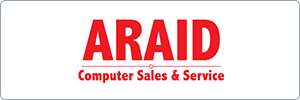 Logo with the word ARAID in large red letters above the text Computer Sales & Service in smaller red letters, all on a white background.
