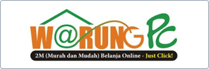 Logo of Warung PC with an orange and green design, incorporating an @ symbol and a house roof. Text below reads: 2M (Murah dan Mudah) Belanja Online - Just Click!.