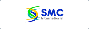 Logo of SMC International featuring the company name in blue and gray text, with abstract green, yellow, and blue curved lines forming a globe-like design to the left of the text.