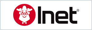 Logo for Inet featuring a cartoon face with glasses and a bowtie inside a red circle, followed by the word Inet in bold, black letters on a white background.