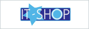 Logo with the words IT-SHOP in white capital letters on a blue rectangle, partially covered by a light blue abstract star shape. The background is white with a thin gray border.