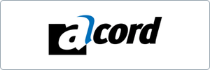 ACORD logo with a stylized lowercase a in black and white, featuring a blue curved line integrated into the letter, followed by the word cord in bold black letters on a white background.