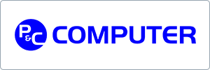 Logo with P&C in white text inside a blue circle, followed by the word COMPUTER in bold blue uppercase letters on a white background.