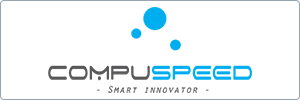 Logo for COMPU SPEED with Smart Innovator tagline. The design features three blue circles of varying sizes above the text on a white background with gray and blue stylized lettering.