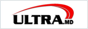 Logo with the word ULTRA in bold black letters and MD in smaller letters beside it. A red curved swoosh arcs over the top right part of the text.