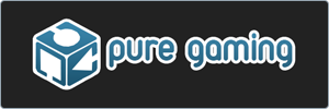 Logo for pure gaming with a stylized blue and white cube to the left of the text, set on a dark background. The text is in lowercase blue letters with a white outline.