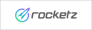 Logo of rocketz with the brand name in gray lowercase letters next to a circular gradient icon featuring a rocket, with colors blending from green to blue to purple. The background is white with rounded borders.