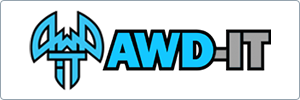 AWD-IT logo with stylized blue and black text. The letters AWD are in bold blue, IT is in black and grey, and there is a symmetrical, abstract emblem to the left.