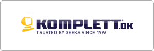 Logo for Komplett.dk featuring a yellow stylized computer monitor and the text KOMPLETT.dk in bold blue letters, with the tagline TRUSTED BY GEEKS SINCE 1996 below.