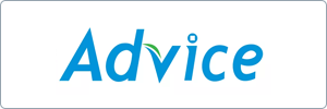 The word Advice is written in blue letters on a white background, with a small green leaf forming part of the letter v.