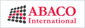 Logo showing a grid of dark dots with a connected red line, next to the red text ABACO and smaller gray text International on a white background with a thin border.