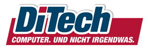 Logo of DiTech in bold blue text with a red square dotting the i, above a red shape containing the white German slogan COMPUTER. UND NICHT IRGENDWAS.