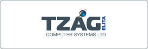 Logo for TZAG Elite Computer Systems Ltd, featuring the company name in bold letters with a blue and yellow swoosh above the letter A and ELITE written vertically on the right side.