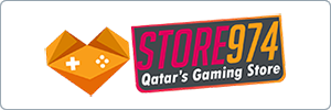 Logo for Store974, Qatar’s Gaming Store, featuring an orange geometric heart with game controller icons on the left and the store name in bold pink and yellow text on the right.
