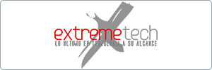 Logo with the words extreme tech and the slogan LO ÚLTIMO EN TECNOLOGÍA A SU ALCANCE in Spanish, featuring a large stylized X in the background.