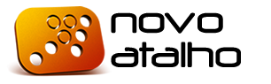Logo with a stylized orange rectangle featuring circular cutouts on the left, and the words novo atalho in bold black lowercase letters on the right.