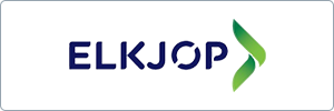 Logo for Elkjøp, displaying the company name in blue capital letters with a stylized green and blue leaf-like symbol to the right on a white background.