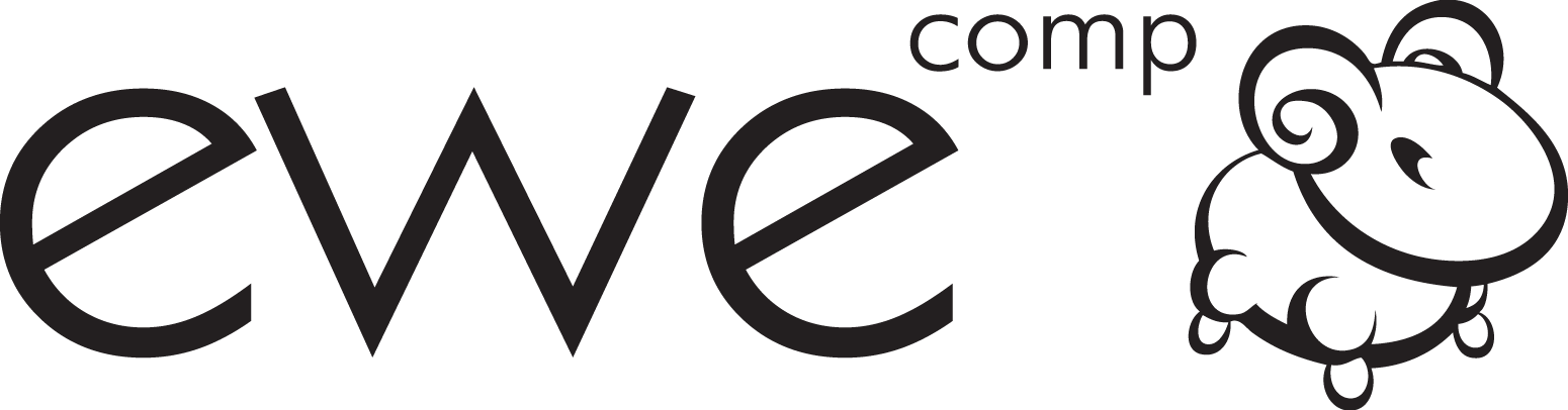 Logo with the word ewe in large lowercase letters, comp in smaller text above the e, and a cartoon sheep with curled horns standing to the right of the text.