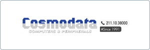 Logo for Cosmodata, a company specializing in computers and peripherals. The logo includes a phone number (211.10.38000) and a label stating Since 1991.