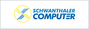 Logo with blue text SCHWANTHALER COMPUTER beside a yellow circle containing diagonal blue and yellow lines, all on a white background with a thin gray border.