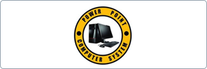 A logo with a desktop computer, monitor, keyboard, and mouse in the center, surrounded by a yellow ring with the text POWER POINT COMPUTER SYSTEM written around it.