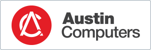 Logo for Austin Computers featuring a stylized A in white inside a red circle, with the words Austin Computers in bold black and gray text to the right of the circle.