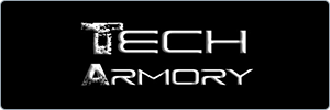 Logo with the words Tech Armory in a futuristic white font on a black background; the letter T in Tech appears distressed or eroded.