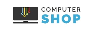 Logo for a computer shop, featuring a stylized monitor with colorful circuit lines and the words COMPUTER SHOP, with SHOP in bold blue letters.