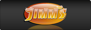 Logo with the word Jimmis in bold, stylized orange and yellow gradient letters, set against a glossy orange oval background on a dark gradient backdrop.