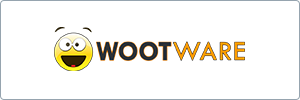 Logo for Wootware featuring a smiley face with a wide, happy expression to the left of the WOOTWARE text. The word WOOT is in black and WARE is in orange. White background with a gray border.