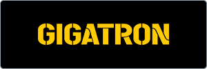 The word GIGATRON in bold, yellow, geometric letters is centered on a black background.