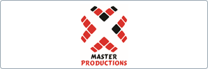 Logo for Master Productions featuring a stylized M and P made of red and black geometric blocks above the company name in bold black and red text on a white background.