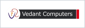 Logo for Vedant Computers, featuring a stylized computer mouse forming the letters V and C on the left, and the company name Vedant Computers in white text on a dark rectangular background.