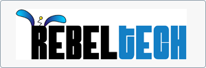 Logo with the word REBELTECH; REBEL is in bold black letters, TECH in blue letters. Above the R are two blue shapes resembling antennae or bunny ears with yellow tips.