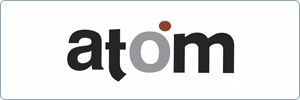 The word atom in lowercase letters, with the o depicted as a grey circle and a small brown dot above it, resembling an atom symbol. The font is bold and modern, set on a white background.