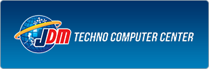 JDM Techno Computer Center logo featuring a globe with an orange swoosh and the letters JDM in bold red and blue, next to the text Techno Computer Center on a blue gradient background.