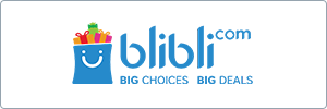 A logo for Blibli.com featuring a blue shopping bag with a smiling face and colorful gifts inside. Below, the tagline reads Big Choices Big Deals in blue capital letters.
