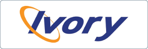 The word Ivory in blue italics with an orange curved swoosh looping around the letter I on a transparent background.