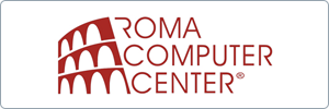 Logo for Roma Computer Center featuring a stylized illustration of the Colosseum in red, with the text ROMA COMPUTER CENTER in uppercase red letters to the right of the image.