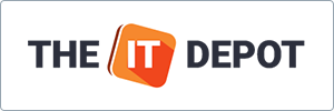 Logo for The IT Depot with bold black text. The IT is highlighted in white on an orange geometric background. The design is simple and modern with a white backdrop.