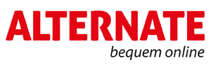Logo with the word ALTERNATE in bold red capital letters, and the phrase bequem online in lowercase black letters below and to the right.