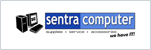 Logo for Sentra Computer featuring a black computer and monitor icon on the left, blue and white sentra computer text, and the tagline supplies • service • accessories we have IT! underneath.