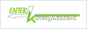 Logo with a white background featuring the word ENTER in green next to a left-pointing arrow, and Komputer in stylized, outlined text with a green line running through it.
