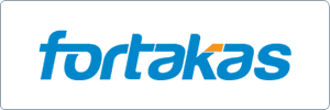 Logo with the word fortakas in lowercase blue letters, with the letter k featuring an orange accent on its upper right side. The background is transparent.
