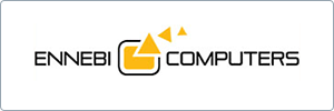 Logo for Ennebi Computers featuring the company name in black text, with a yellow square and three yellow triangles on the left side, giving a modern and dynamic look on a white background.