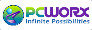 PCWORX logo with a green and blue circular abstract figure on the left, and the text PCWORX Infinite Possibilities in green, blue, and purple on the right.