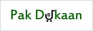 The logo displays the words Pak Dukaan in green text, with the letter u in Dukaan stylized as a black shopping cart icon. The background is white with a thin gray border.