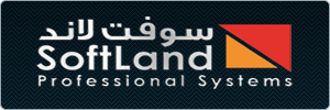 Logo with Arabic text above SoftLand Professional Systems. To the right is a geometric design with a red triangle and an orange rectangle on a dark patterned background.
